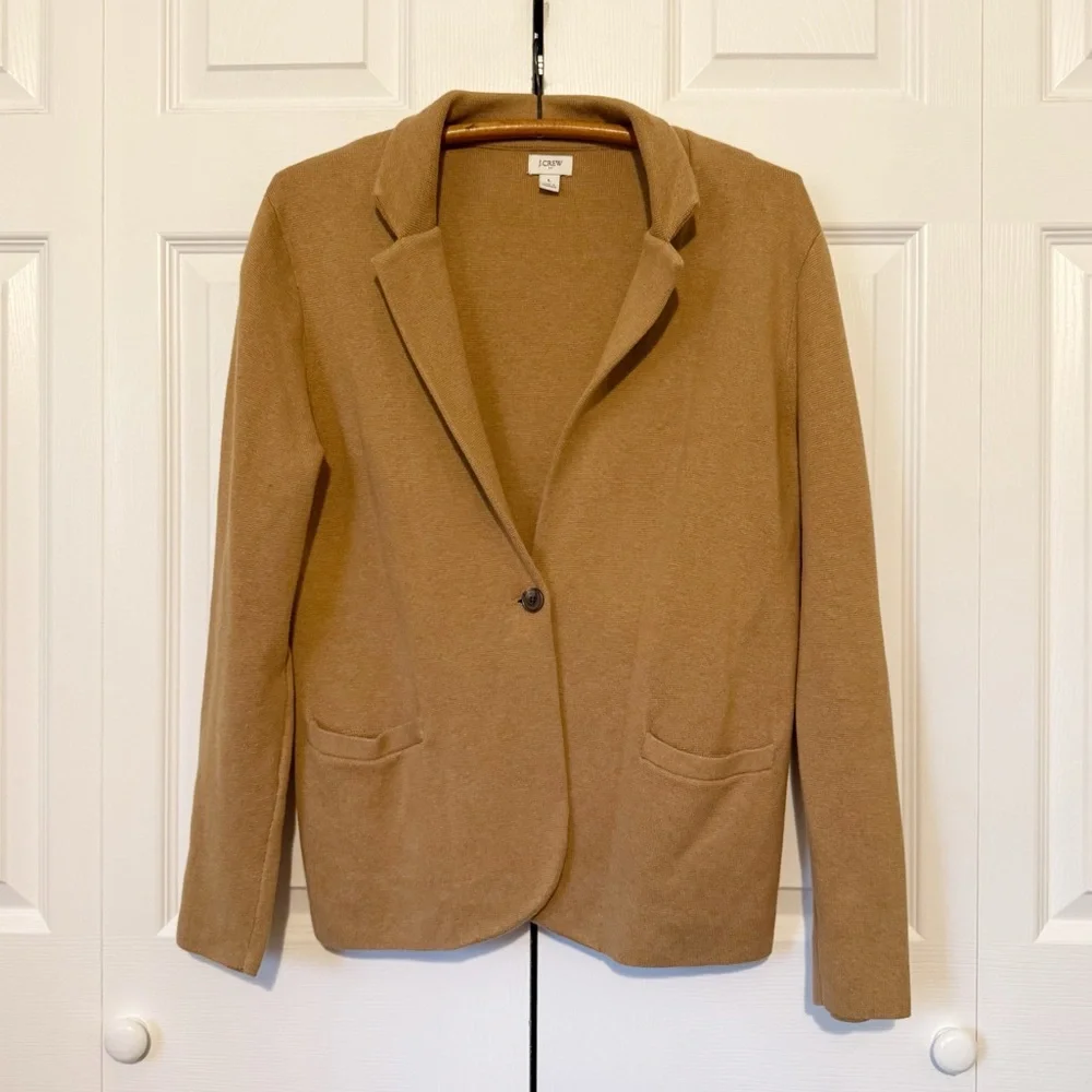 J. Crew Schoolboy Knit Sweater Blazer Large One Button Closure Tan Cotton - Picture 2 of 6